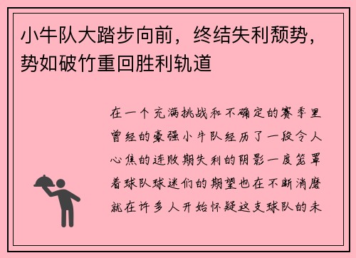小牛队大踏步向前，终结失利颓势，势如破竹重回胜利轨道