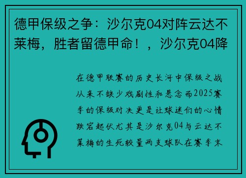 德甲保级之争：沙尔克04对阵云达不莱梅，胜者留德甲命！，沙尔克04降级德乙