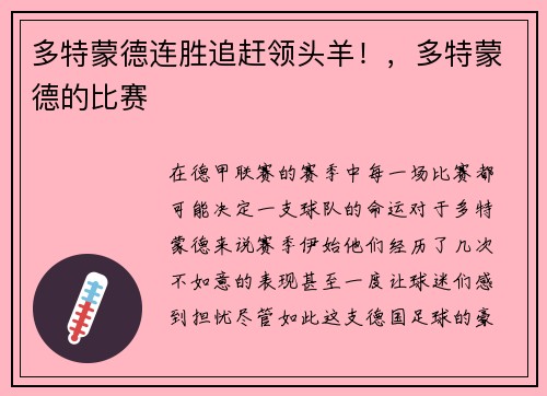 多特蒙德连胜追赶领头羊！，多特蒙德的比赛